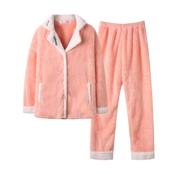 Ljusrosa sammetspyjamas för kvinnor långärmad plus sammet tecknad korall sammetspyjamas light pink M