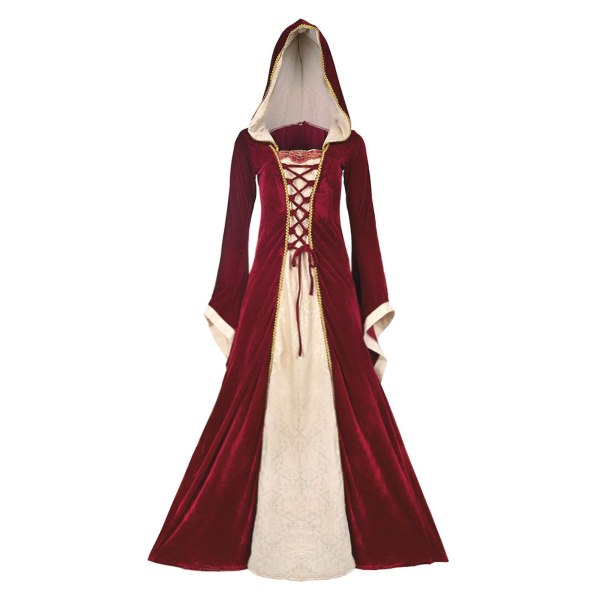 Vintage medeltida viktoriansk klänning renässans balklänningar klänningar kostym långärmad halloween kostym för kvinnor Red M