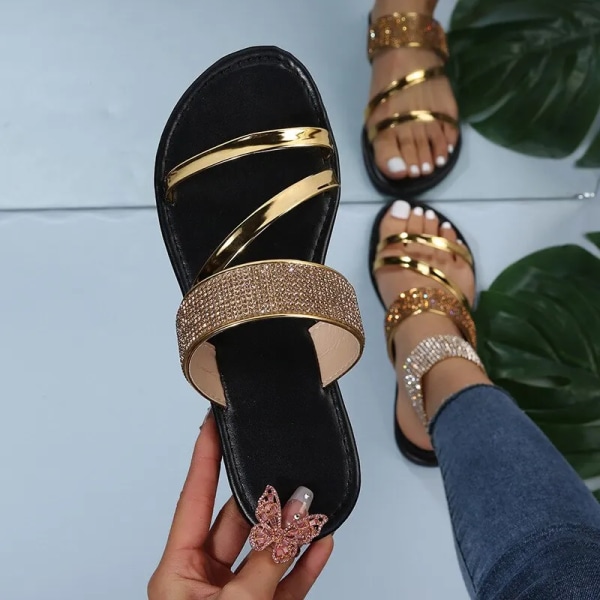 Sommarsandaler för kvinnor Platt sandal Sparkle Rhinestone Slide Trendig Damstrand Glittrande Dressy Slip on Bling Casual Shoes Gold 41