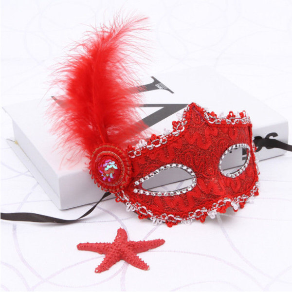 Frozen Lace Feather Mask Maskerad Party Princess Vuxen Mask Fancy Show Mask Big red