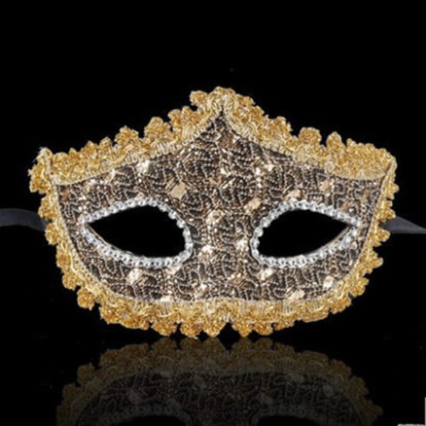 Spetsläder strass patchmask, halvansikte dam karnevalsmask, venetiansk maskerad prestationsmask Rich gold
