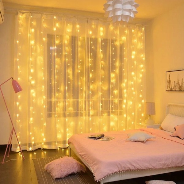 LED Gardin Istappar Strängljus Jul Fairy Lights Dekoration 3m Fjärrkontroll USB Bröllopsgirland för Sovrumsfest Hem 3x1M Pink