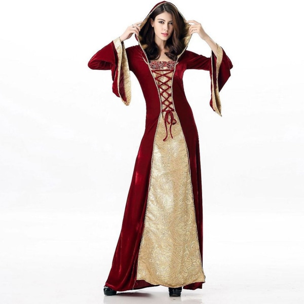 Vintage medeltida viktoriansk klänning renässans balklänningar klänningar kostym långärmad halloween kostym för kvinnor Red M