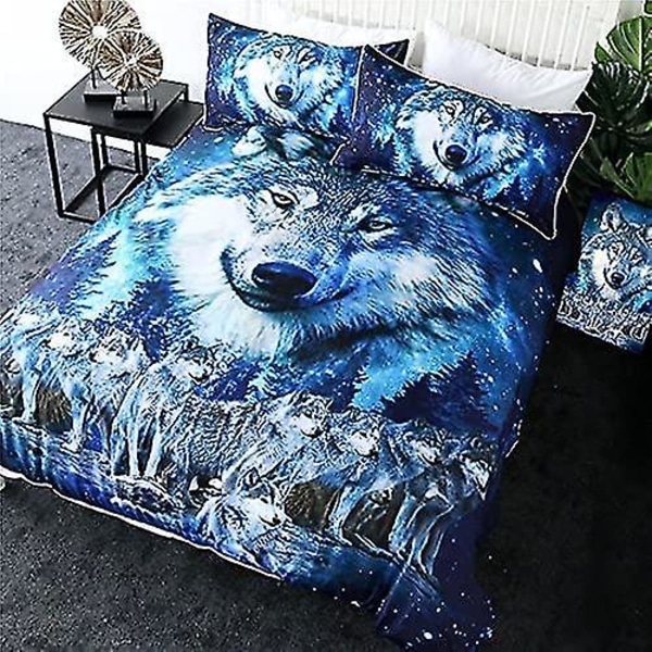 Aurora Borealis Animal Wolf Leader Sängkläder Set 3d Blue Wolves At Moon Night Skog Dekorativt cover Set Hemtextil För Vuxna Pojkar