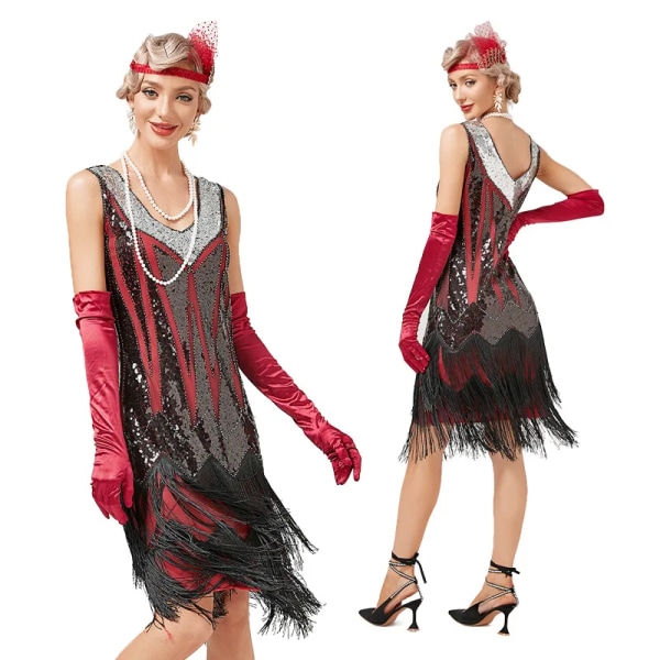 Vintage 1920-tals V-hals Dubbellagers Tofsklänning Cocktailboll Paljett Dubbklänning Damkläder Vestido Mode Solklänning Y2k Red M