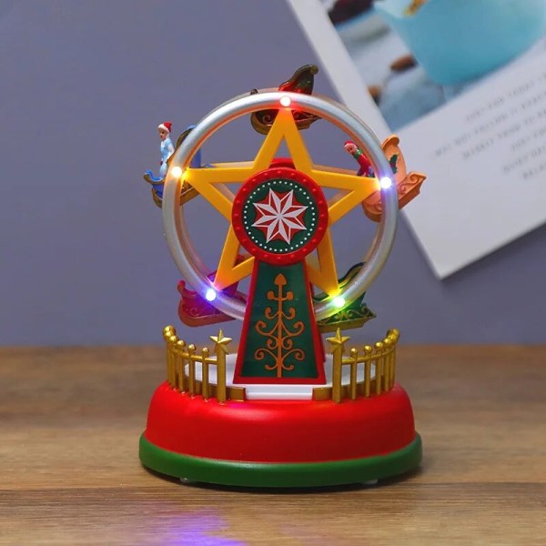 Navidad Decor Julby Glödande Musik Hus Karusell pariserhjul Julgransdekoration Prydnadssaker Presenter till barn Ferris wheel 11x11x15cm