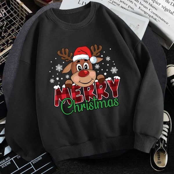 (Premium Sweatshirt) Söt Merry Christmas Print Sweatshirt Dam Höst Vinter Härlig Fleece Långärmad Män Casual Rund Neck Black XXL