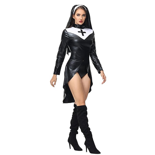 2023 New Halloween Cross Black Nun Klänning Kvinnlig pastor Rollspel Klänning med pannband Tight sjuksköterskeuniform _iu M