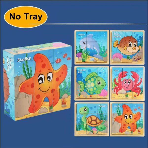 3D-kub Träpussel barns nio bitar sexsidig träblockbricka barns Montessori-lärande pedagogiska pusselleksaker Ocean Animals
