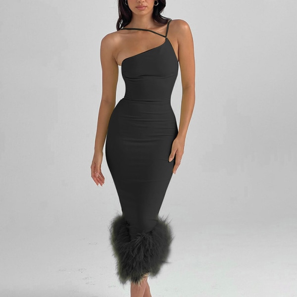 Stickad enaxels halterhalsad temperamentklänning för kvinnor våren Europeiska och amerikanska kvinnors sexiga smal långklänning black L