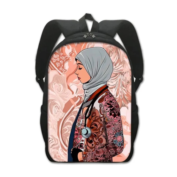 Muslimska islamiska Gril Eye Print Ryggsäck Kvinnor Män Blomma Hijab Facebook-väska Student Ryggsäck Laptop Daglig Ryggsäck 15