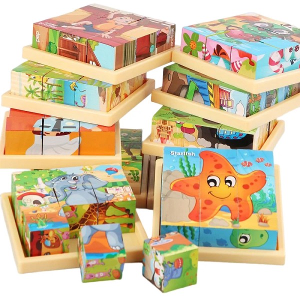 3D-kub Träpussel barns nio bitar sexsidig träblockbricka barns Montessori-lärande pedagogiska pusselleksaker C-16pcs