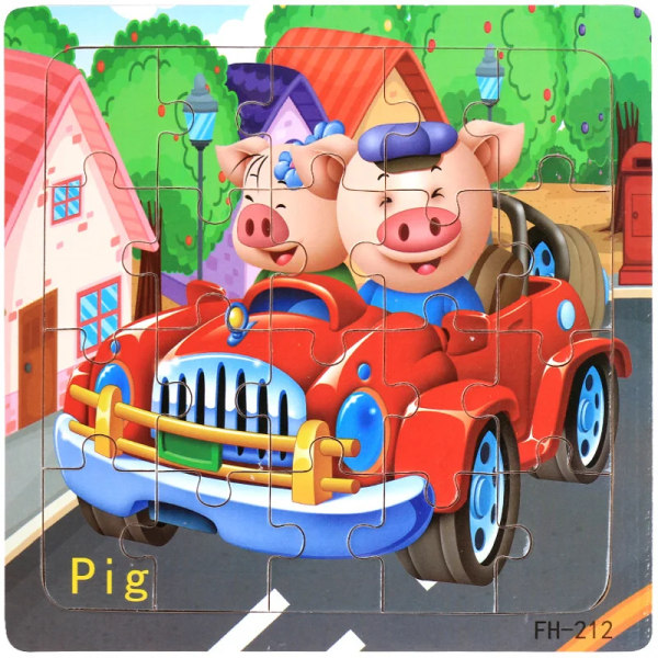 Nytt 20-bitars Montessori 3d-pussel Tecknad Djurfordon Jigsaw Träpusselspel Tidig inlärning Pedagogiska leksaker för barn Pig