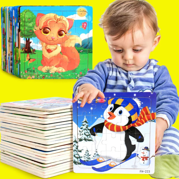 Nytt 20-bitars Montessori 3d-pussel Tecknad Djurfordon Jigsaw Träpusselspel Tidig inlärning Pedagogiska leksaker för barn Tiger