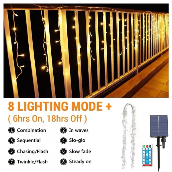 LED Solar Icicle String Lights Vattentät Juldekoration Gardin Strängljus för sovrum Uteplats Yard Trädgård Bröllopsfest 5M 256LED Warm White