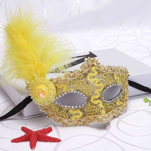 Frozen Lace Feather Mask Maskerad Party Princess Vuxen Mask Fancy Show Mask yellow