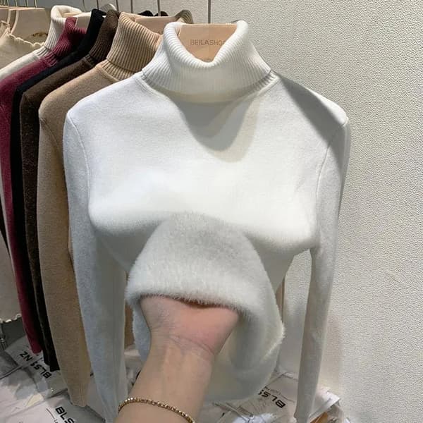 Solid Color Turtleneck Plus Fleece Varm Pullover Mjuk Stickad Khaki