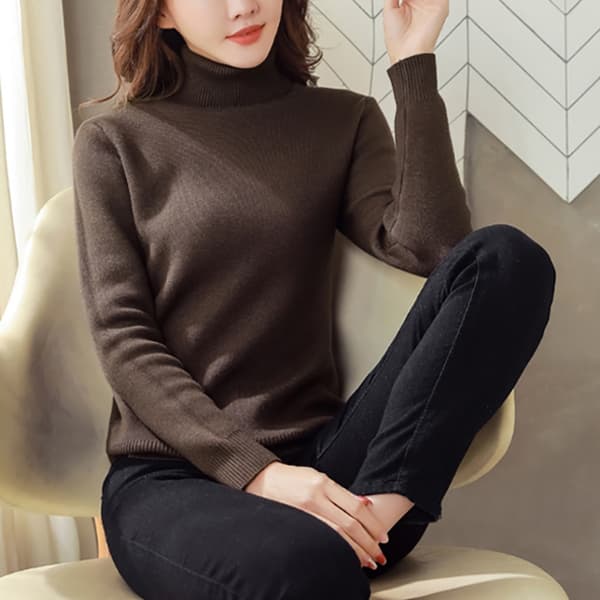 Solid Color Turtleneck Plus Fleece Varm Pullover Mjuk Stickad Khaki