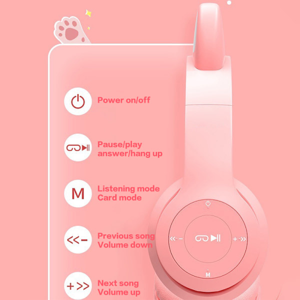 e Kattöron Bluetooth-kompatibelt Headset med LED Trådlöst Headset Pink