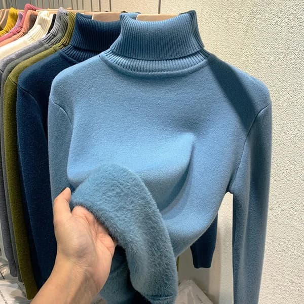 Solid Color Turtleneck Plus Fleece Varm Pullover Mjuk Stickad Khaki