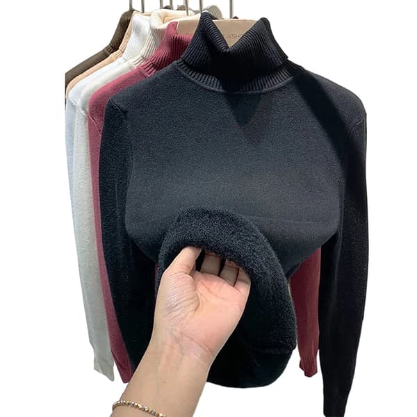 Solid Color Turtleneck Plus Fleece Varm Pullover Mjuk Stickad Khaki