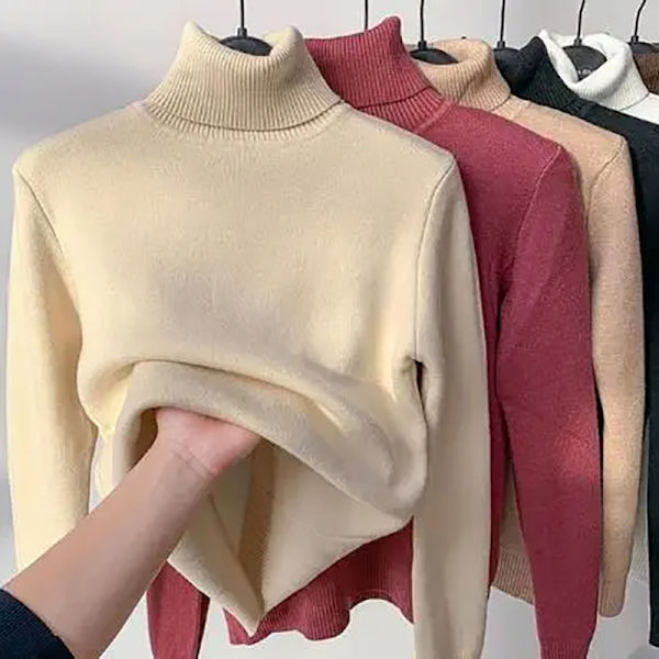 Solid Color Turtleneck Plus Fleece Varm Pullover Mjuk Stickad Apricot