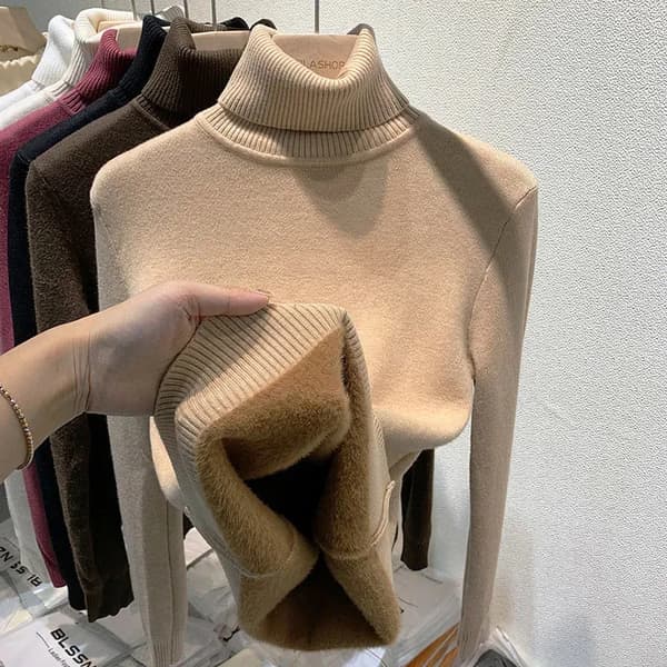 Solid Color Turtleneck Plus Fleece Varm Pullover Mjuk Stickad Khaki