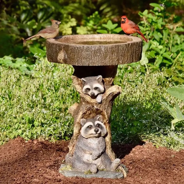 Resin Raccoon Birdbath Polyresin Antikt trädgårdsfågelbad för H