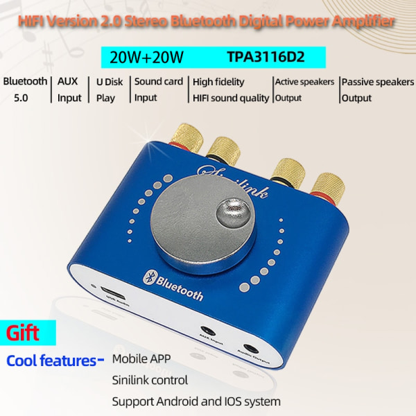 Bluetooth 5.0 HiFi digital förstärkare Stereo ljudförstärkare 20W*2
