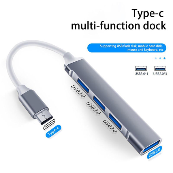 HUB 3.0 Typ C 3.1 4 Port Multi Splitter Adapter OTG För PC Gray USB