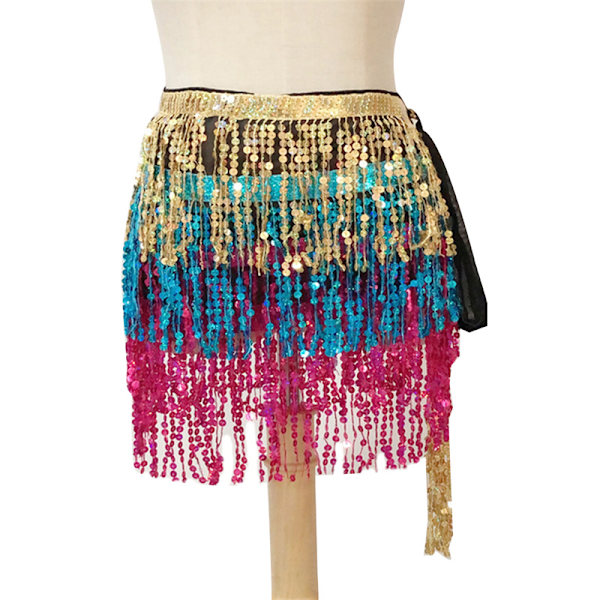 Dans Hip Kjol Paljetter Fringe Kjol Tofs Hip Scarf Gold+Blue+Rose