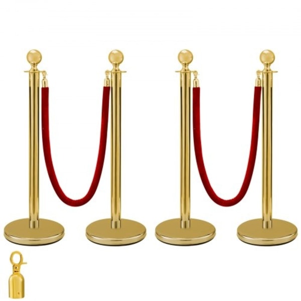 Set med 2 Guld Round Top Queue Control Barriärstolpar Stativ Säkerhet Stanchion Rope Divider med 1,5 M rött rep Crowd Control Barriär Guld Round Top C