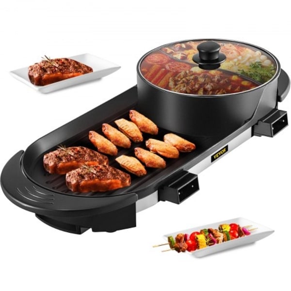 2 i 1 BBQ Pan Grill och Hot Pot med Divider Multifunktionell Teppanyaki Grill Pot, Separat Dual Temperatur Control Elektrisk BBQ spis Hot Pot, 5 hasti