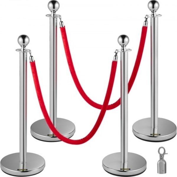 Infällbar Silver Round Top Kö Kontrollbarriärstolpar Stativ Säkerhet Stanchion Rope Divider med 1,5 M rött rep Crowd Control Barriär Silver Round Top