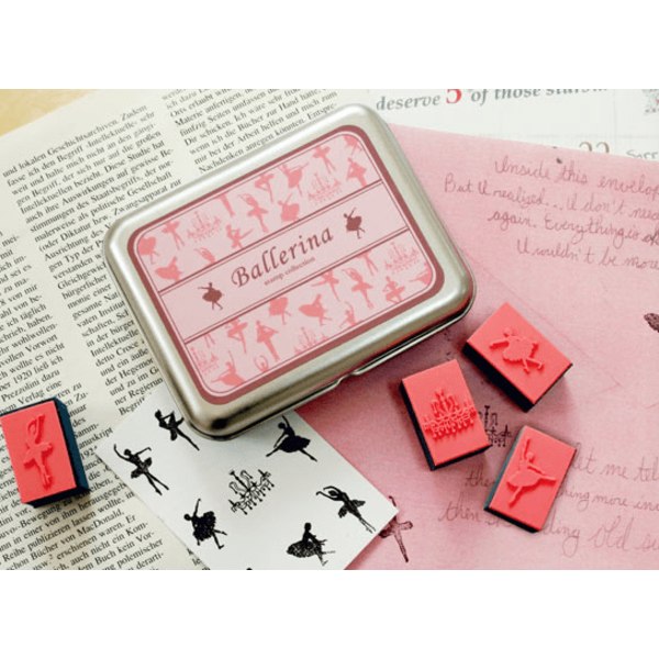 stämplar i en plåtbox, ballerina decoration pyssel scrapbooking rosa