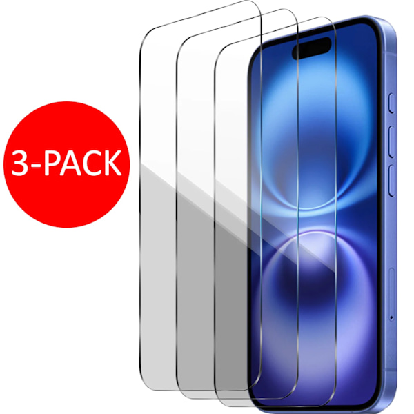3-pakkia iPhone 16:lle Tempered Glass -näytönsuojia Premium läpinäkyvä