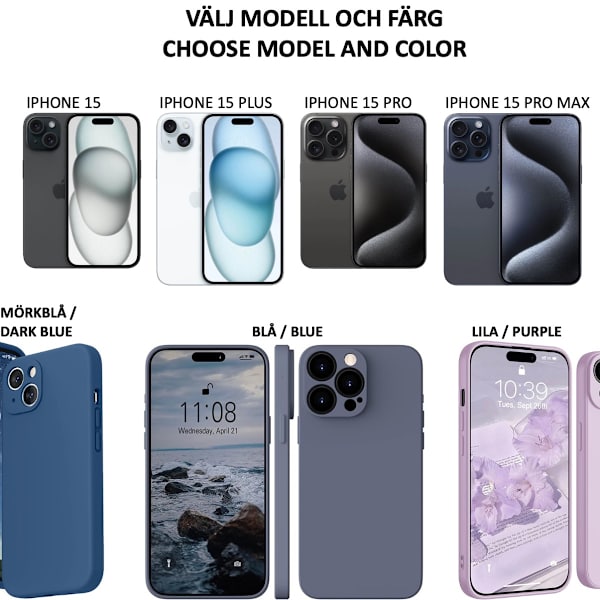 iPhone 15 Pro/ProMax/Plus skal mobilskal fodral TPU - VÄLJ: MÖRK BLÅ IPHONE 15