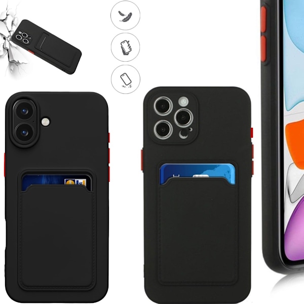 Iphone 16 Pro/ProMax/Plus -kuori korttitaskulla - Black Iphone 16 Plus