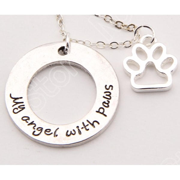 Halsband med berlock texten "My angle with paws" hund katt Silver