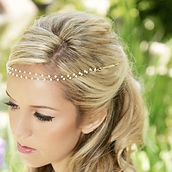 Hårband / diadem / tiara pärlkedja med 2 st hårnålar guldfärgat Guld och pärlor