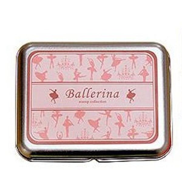 stämplar i en plåtbox, ballerina decoration pyssel scrapbooking rosa