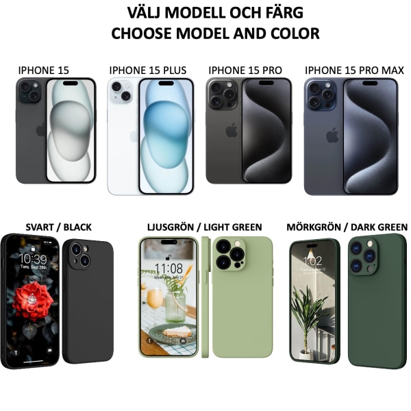 iPhone 15 Pro/ProMax/Plus skal mobilskal fodral TPU - VÄLJ: LJUS GRÖN IPHONE 15 PRO MAX