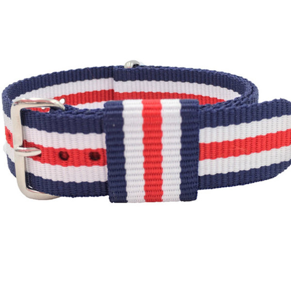Natoband herr klocka 20 mm silver spänne blå/vit/röd blå M
