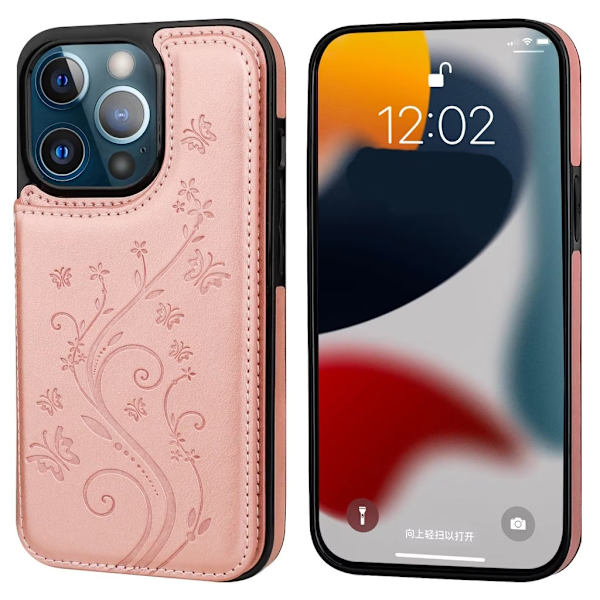 iPhone 14 Pro - Stöttåligt Läder skal kortfack Roséguld