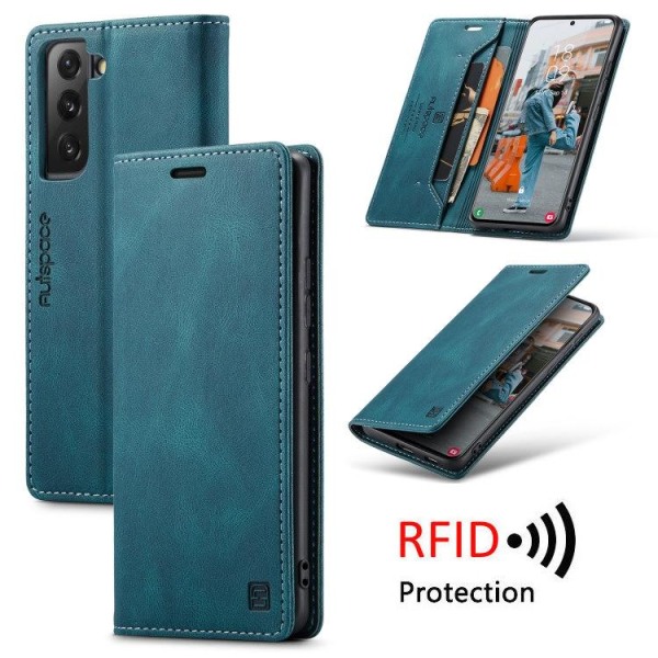 Samsung S22 - Premium Läder Fodral RFID Skyddat Blå Blue Samsung Galaxy S22