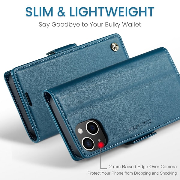 iPhone 14 - Fodral Premium Läder RFID Skyddat CaseMe® Blå Blue