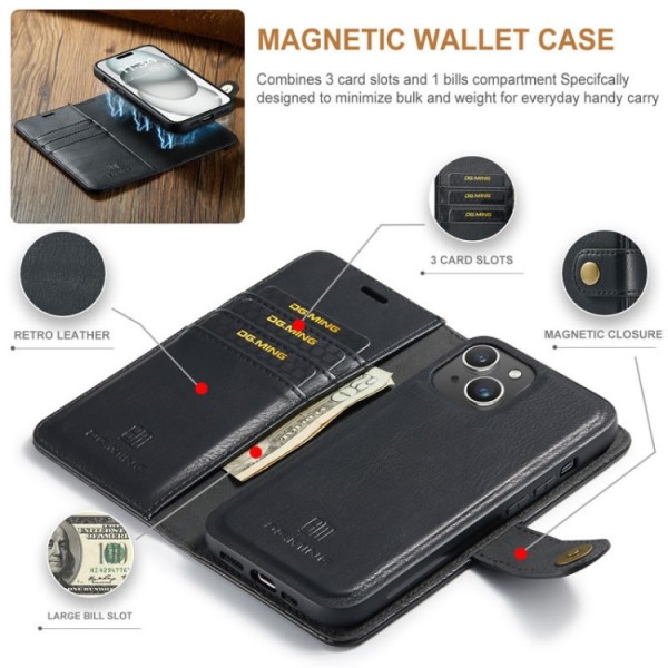 iPhone 13 - DG.MING® 2in1 Magnet Läder Fodral Svart Black