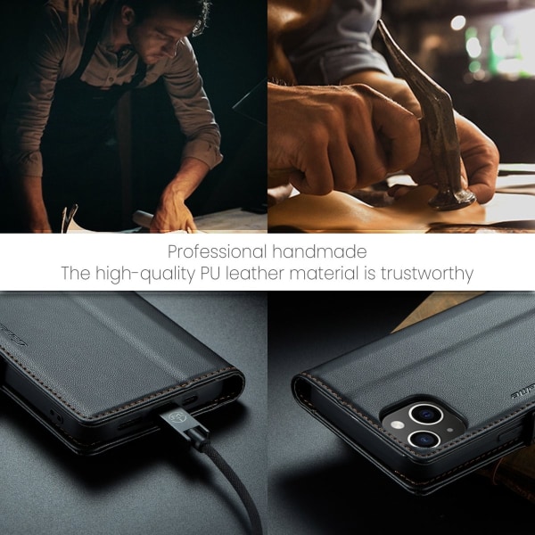 iPhone 13 - Fodral Premium Läder RFID Skyddat CaseMe® Svart Black iPhone 13