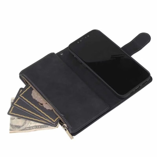 iPhone 13 - Multifunktionellt Plånboksfodral Zipper 8-Fack Svart