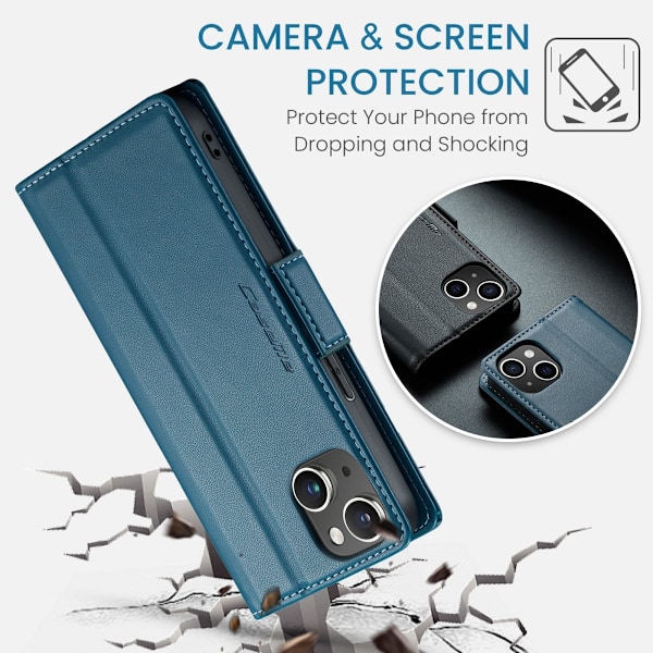 iPhone 15 - Fodral Premium Läder RFID Skyddat CaseMe® Blå Blue